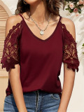 Lace sleeve v-neck solid color strap off-shoulder casual t-shirts for women