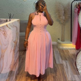 Women's summer Chic Halter Neck sleeveless Slim Waist Slim Fit pink long dress