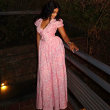 women's print elegant v-neck Chic bubble sleeve a-line pleated long dress