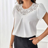 Women's Solid Color Lace short Sleeve T-shirt Spring and Summer Tops