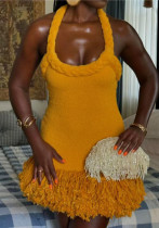 Autumn and Winter Braided Twist Rope Strap Tassel Short Dress Autumn and Winter Braided Twist Rope Strap Tassel Short Dress