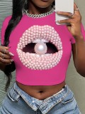spring and summer Lips pearl printing Round Neck t-shirt y2k short sleeve Crop shirt for women