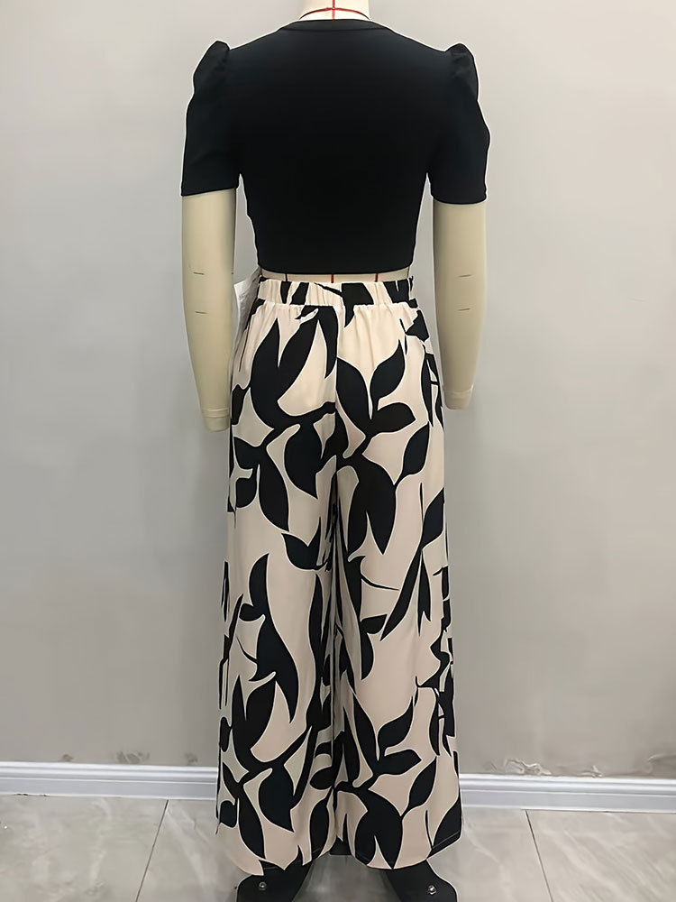 Leaf Print Casual Wide Leg Pants Short Sleeve Tight Fitting Crop T-shirt Spring and Summer Two-piece Pants Suit