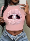 spring and summer Lips pearl printing Round Neck t-shirt y2k short sleeve Crop shirt for women