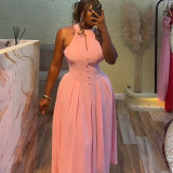 Women's summer Chic Halter Neck sleeveless Slim Waist Slim Fit pink long dress