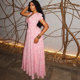 women's print elegant v-neck Chic bubble sleeve a-line pleated long dress