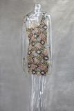 Spring Summer Multi-Color Flower Diamond Plaid Sequin Slit Bodycon Sexy Dress