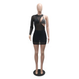 Beaded Bra Tight-Fitting Shorts Irregular Mesh Overlay Dress Three-Piece Set