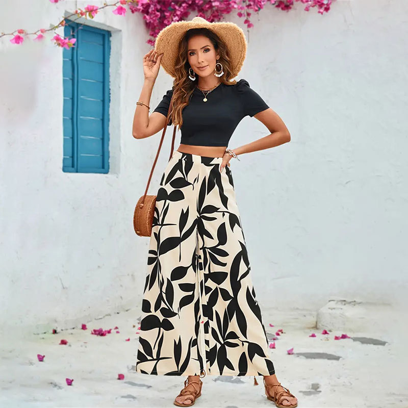 Leaf Print Casual Wide Leg Pants Short Sleeve Tight Fitting Crop T-shirt Spring and Summer Two-piece Pants Suit