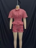 Summer sweet red and white plaid short-sleeved turndown collar shorts set