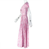 women's print elegant v-neck Chic bubble sleeve a-line pleated long dress