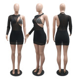 Beaded Bra Tight-Fitting Shorts Irregular Mesh Overlay Dress Three-Piece Set