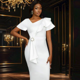 Women Elegant Slash Shoulder Ruffle Bodycon Bow Dresses
