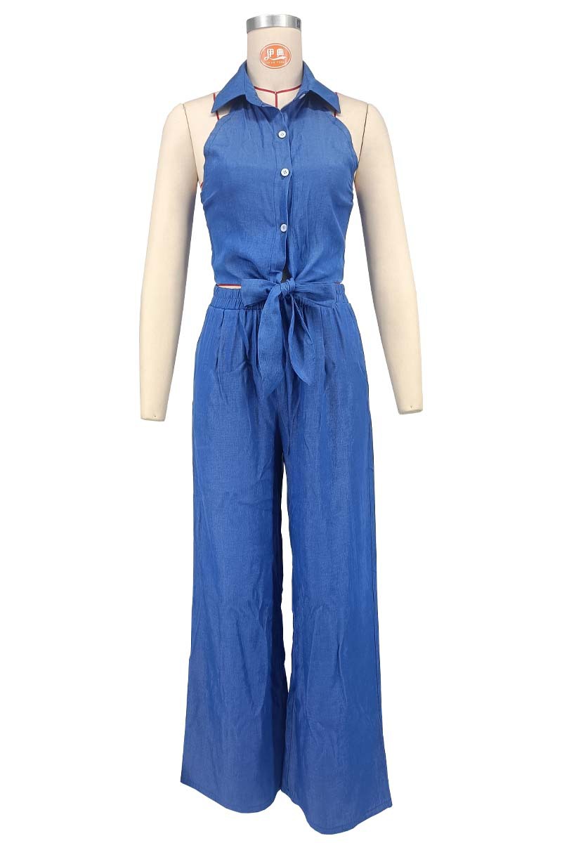 Women blue denim halter neck turndown collar backless top and wide leg pants two piece set
