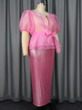 Women Sexy Puff Sleeve See-Through Bow Shirt Bodycon Skirt Elegant Two-Piece Set