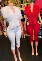 Women Sexy Fake Fur Top and Cropped Pants Set