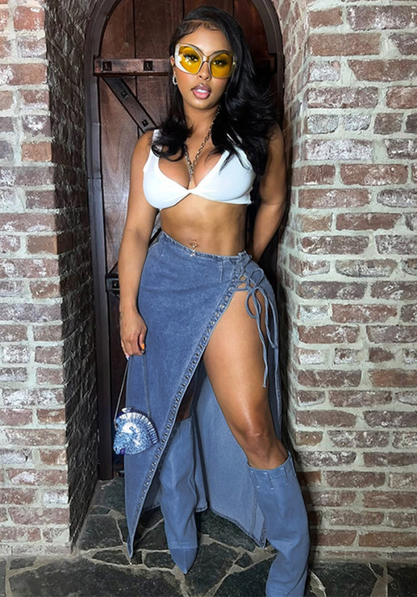 Women Lace-Up Side Slit Denim Skirt