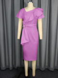 Women Elegant Slash Shoulder Ruffle Bodycon Bow Dresses