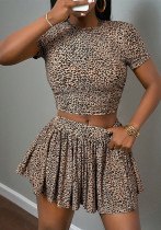 Women Summer Elegant Print Round Neck Short Sleeve Top and Skirt Two-piece Set