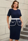 Women Round Neck Bodycon Waist Button Ruffle Dress
