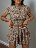 Women Summer Elegant Print Round Neck Short Sleeve Top and Skirt Two-piece Set