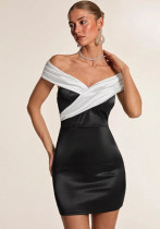 Women Black and White Off Shoulder Backless Bodycon Cocktail Mini Dress