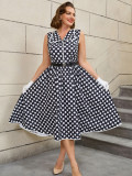 Plus Size Women Turndown Collar Black Polka Dot Belt Sleeveless Dress