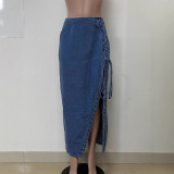 Women Lace-Up Side Slit Denim Skirt