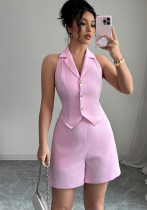 Women Elegant Button Solid Top and Shorts Two-piece Set