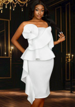 Women Sexy Strapless Lotus Leaf Lace Elegant Bodycon Dress