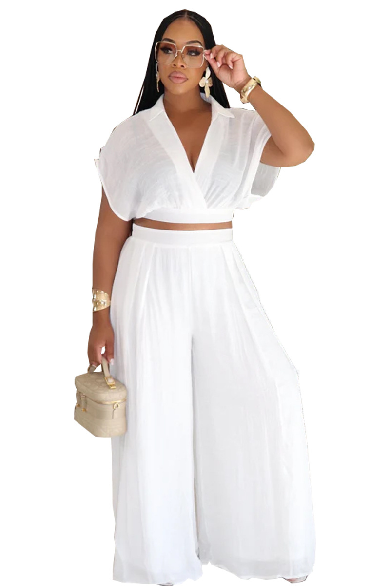 Women african solid turndown collar v neck top wide leg pants two piece set