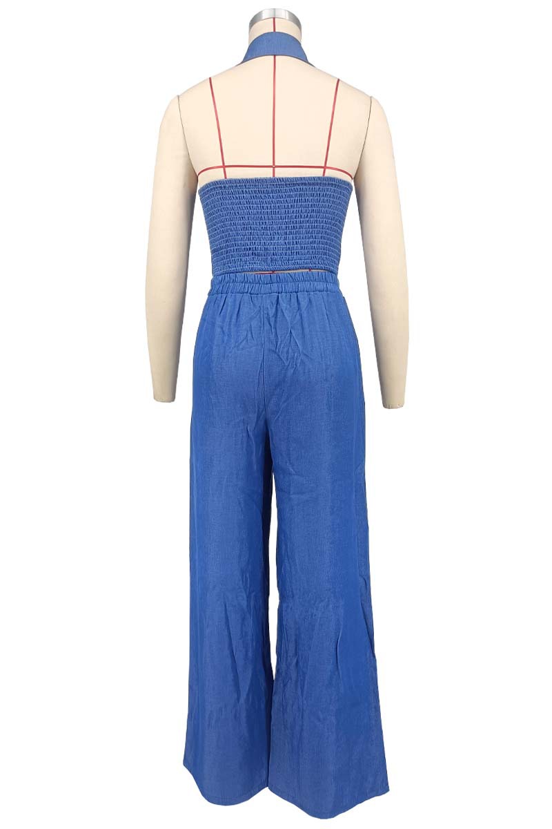Women blue denim halter neck turndown collar backless top and wide leg pants two piece set