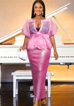 Women Sexy Puff Sleeve See-Through Bow Shirt Bodycon Skirt Elegant Two-Piece Set