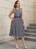 Plus Size Women Turndown Collar Black Polka Dot Belt Sleeveless Dress