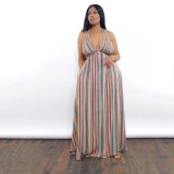Women summer holidays stripe print lace-up open waist dress