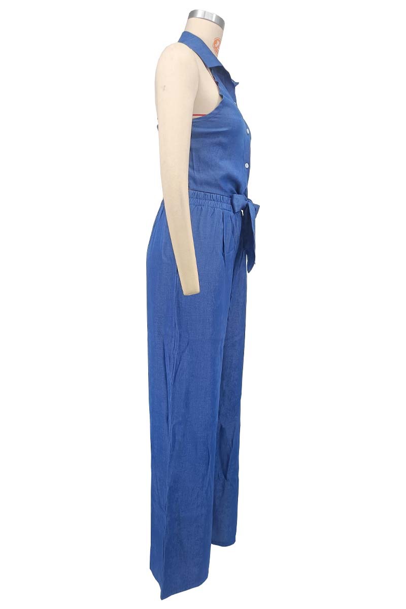 Women blue denim halter neck turndown collar backless top and wide leg pants two piece set