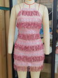 Women Sexy Backless Pink Sequined Dress