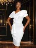 Women Elegant Slash Shoulder Ruffle Bodycon Bow Dresses