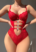Women Red Lace Patchwork Heart Print Buckle Lace-Up Bodysuit Sexy Lingerie Women Red Lace Patchwork Heart Print Buckle Lace-Up Bodysuit Sexy Lingerie