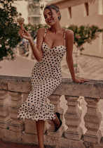 slim waist polka dot pleated Strap long dress slim waist polka dot pleated Strap long dress