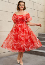Plus Size Women Red Print Off Shoulder Puff Sleeve Dress Plus Size Women Red Print Off Shoulder Puff Sleeve Dress