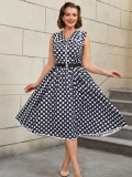 Plus Size Women Turndown Collar Black Polka Dot Belt Sleeveless Dress