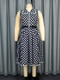 Plus Size Women Turndown Collar Black Polka Dot Belt Sleeveless Dress