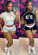 Women Contrast Color Digital Print Short Sleeve Crop Top and Shorts Two Pieces