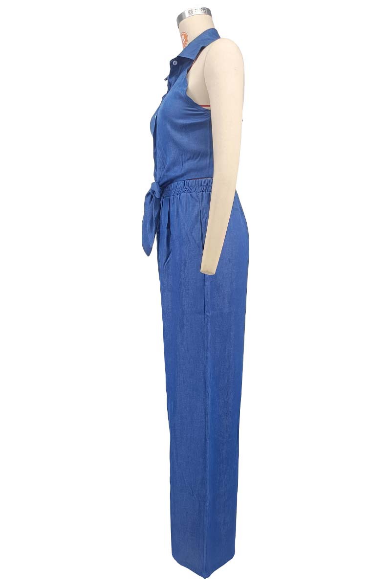 Women blue denim halter neck turndown collar backless top and wide leg pants two piece set
