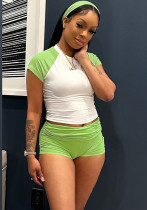 Women street raglan contrast short sleeve top and shorts Casual sports two piece set with headband