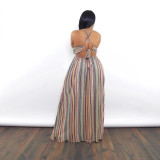 Women summer holidays stripe print lace-up open waist dress