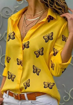 Women Butterfly Print Loose Turndown Collar Shirt
