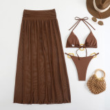 Solid Color Mesh Long Skirt Fashion Sexy Bikini Women's Three-Piece Swimsuit