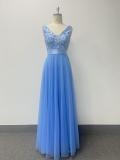 Patchwork Elastic Waist Sleeveless Double V Neck Evening Gown with Embroidered Tulle Elegant Long Swing Party Dress